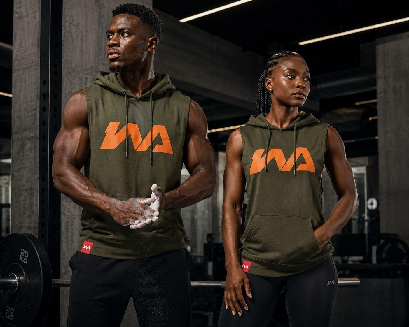 A man and a woman in olive green Warmz sleeveless hoodies with orange logos, training in a weights room.