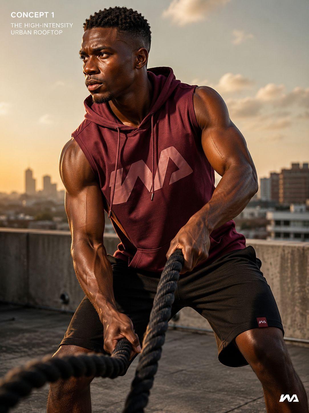 A man training with battle ropes on a rooftop at sunset, wearing an oxblood Warmz sleeveless hoodie.