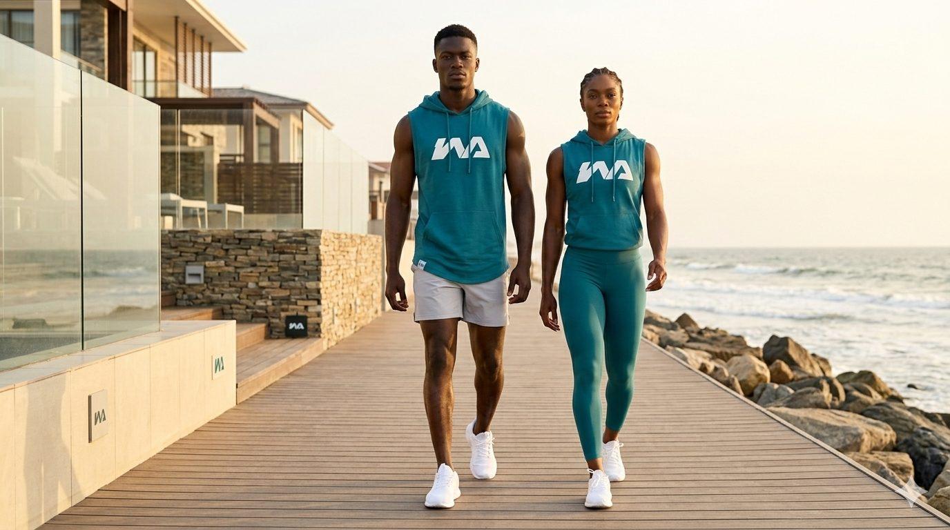 A man and a woman walking a beachfront boardwalk at sunrise, both in teal Warmz sleeveless hoodies.