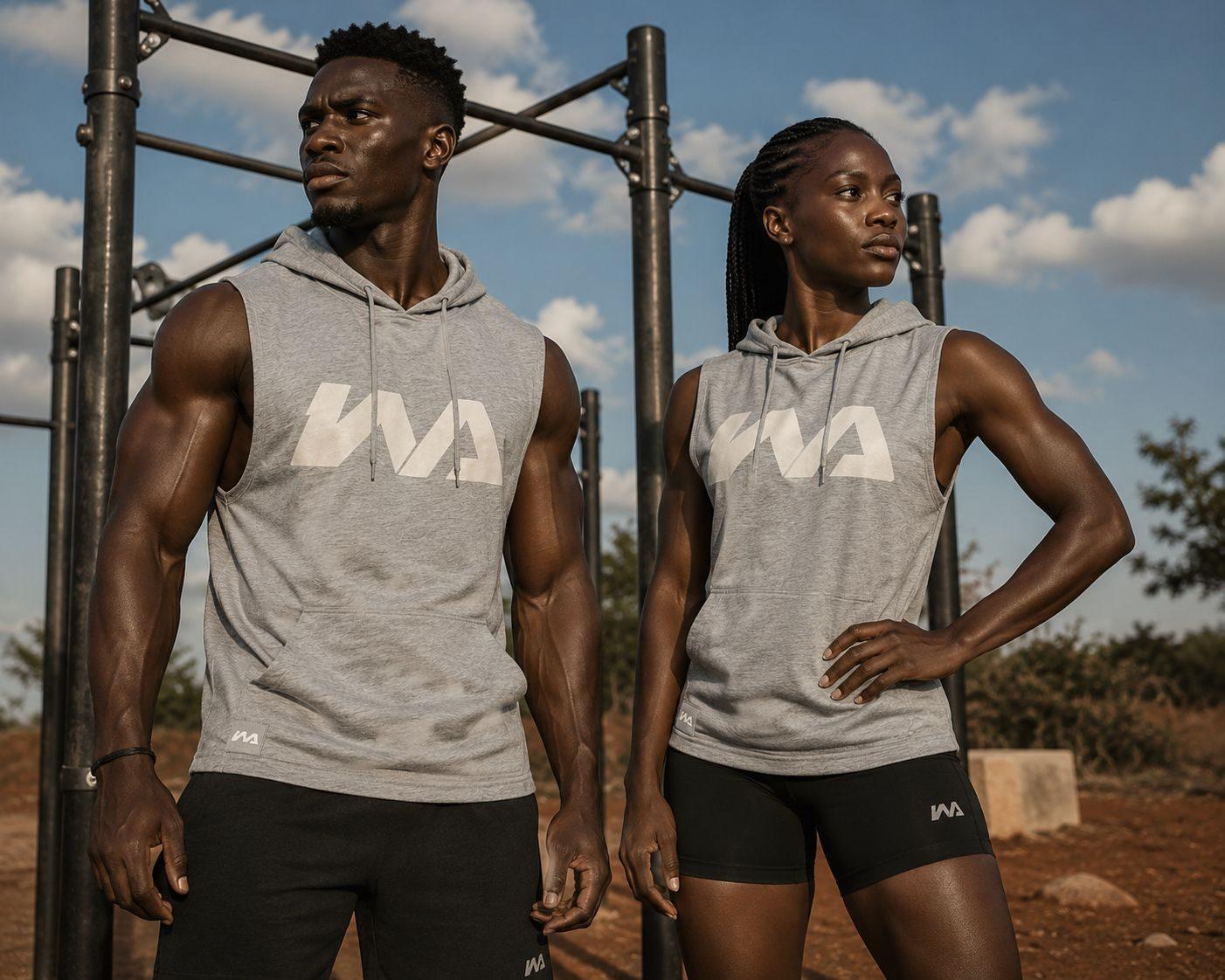 A man and a woman beside an outdoor pull-up rig, both in grey marl Warmz sleeveless hoodies.