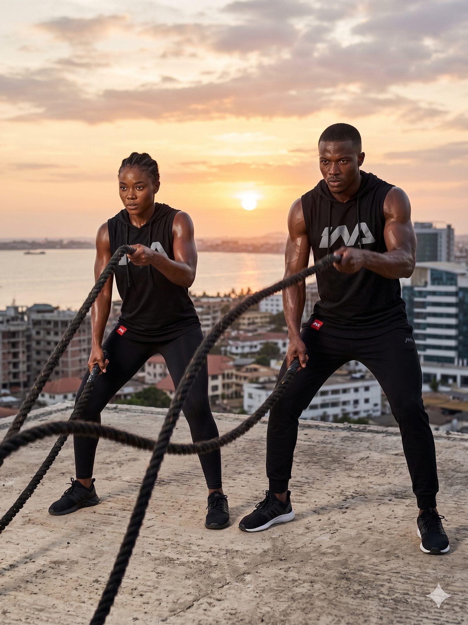 Two people training with battle ropes on a city rooftop at sunset, wearing black Warmz sleeveless tops.
