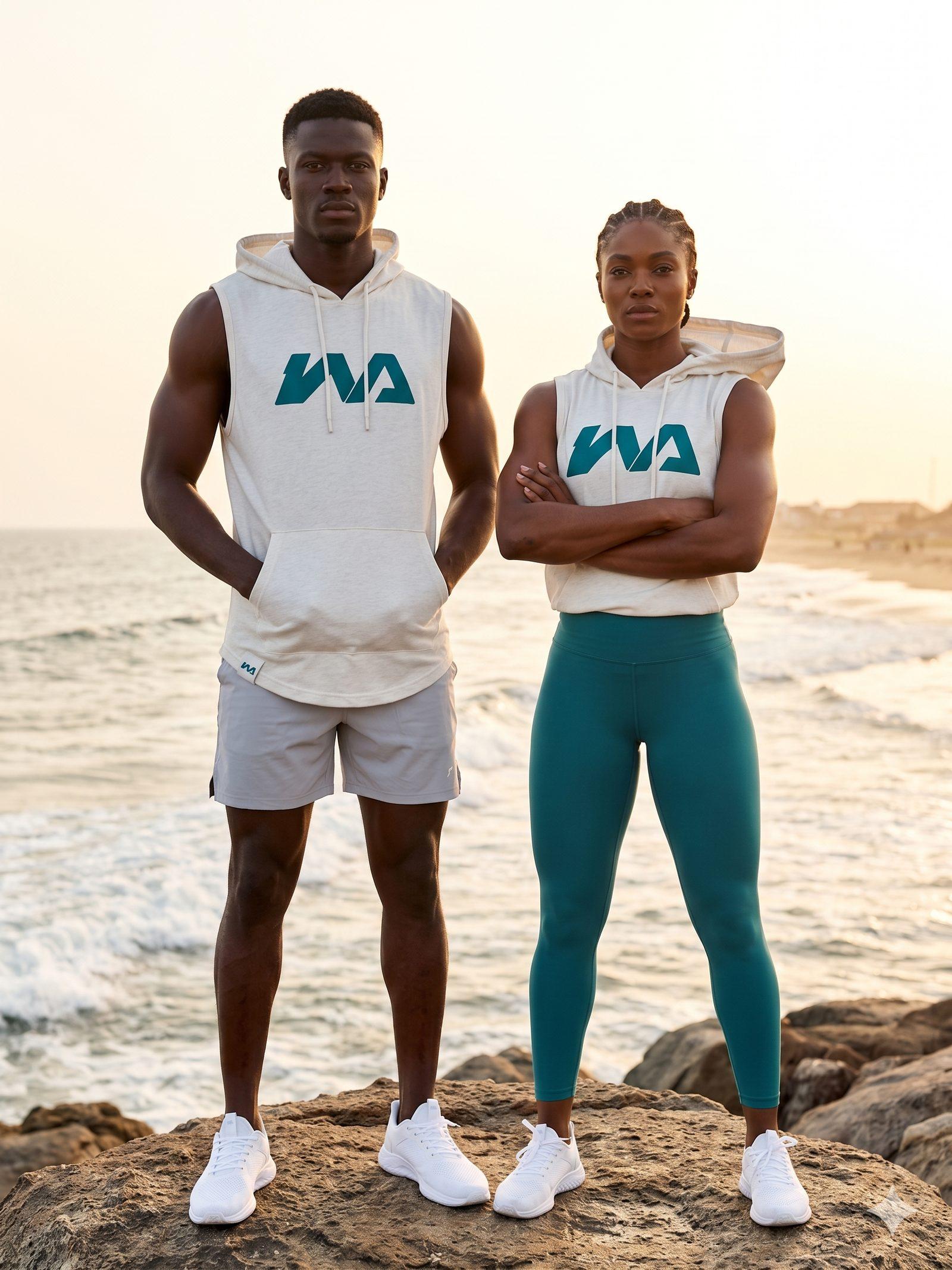A man and a woman standing on coastal rock at sunset, both in off-white Warmz sleeveless hoodies with teal logos.