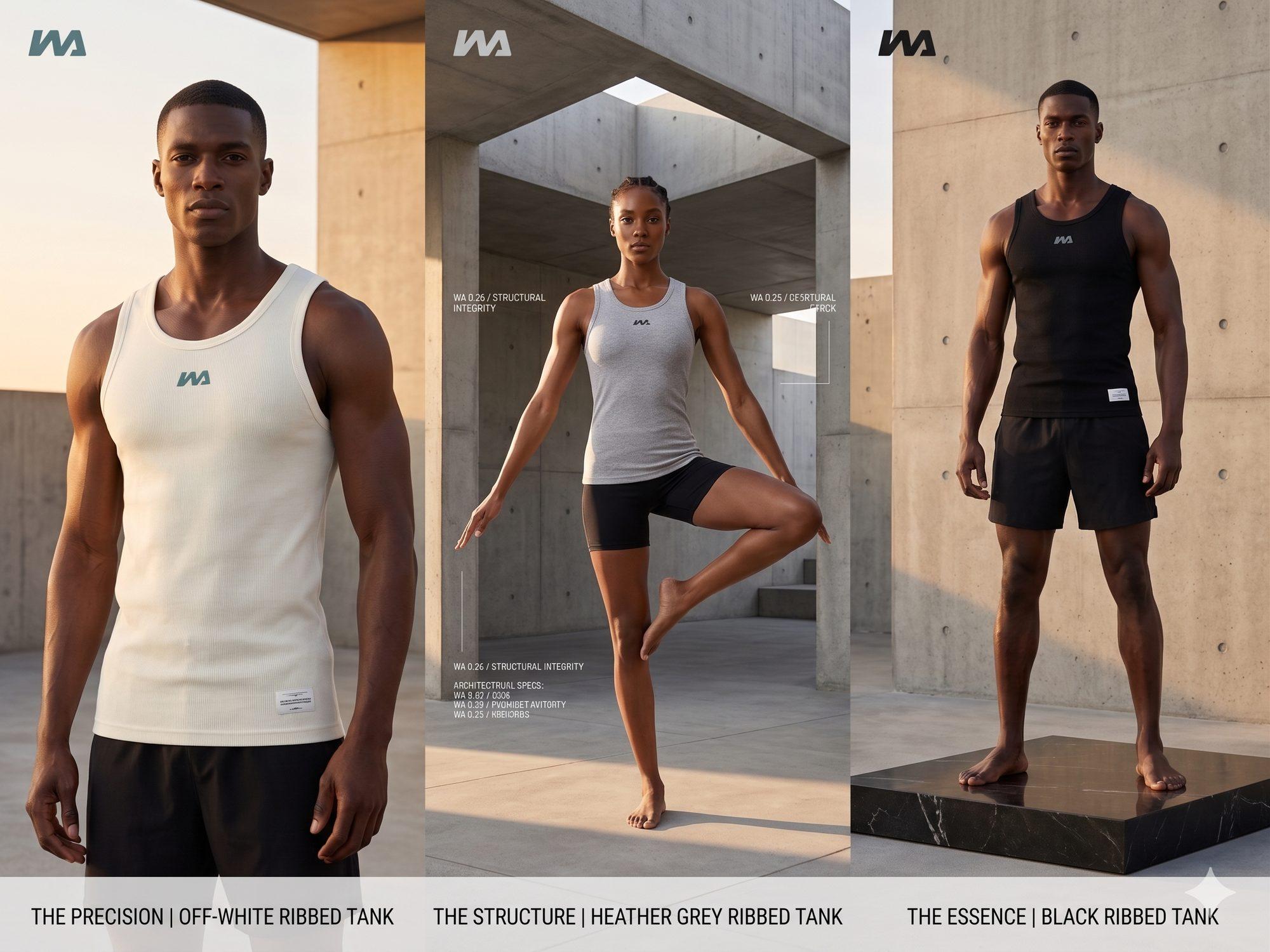 The Warmz ribbed tank shown in three colourways — off-white, heather grey and black — worn against concrete architecture.