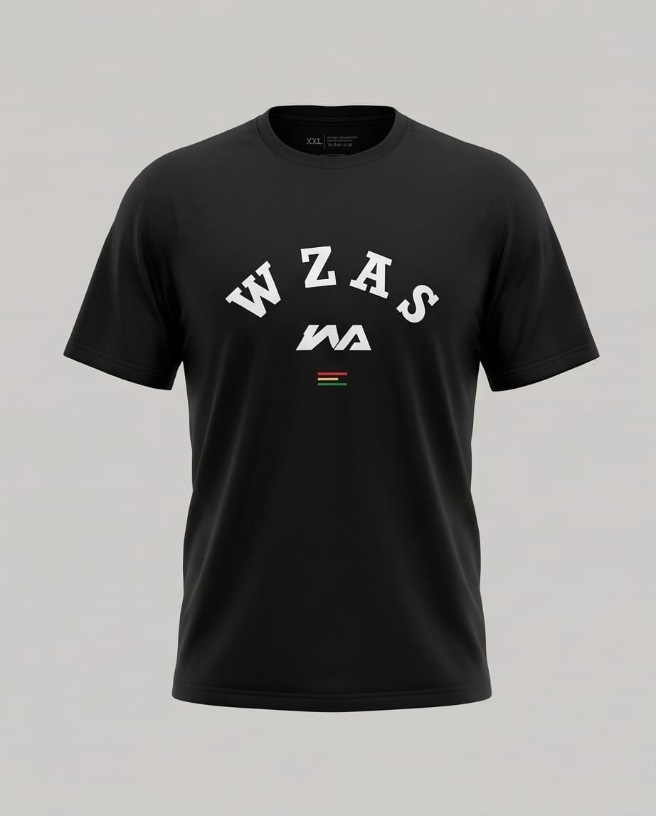 Black T-shirt with the arc "WZAS" wordmark and small WA logo printed in white, flat lay.