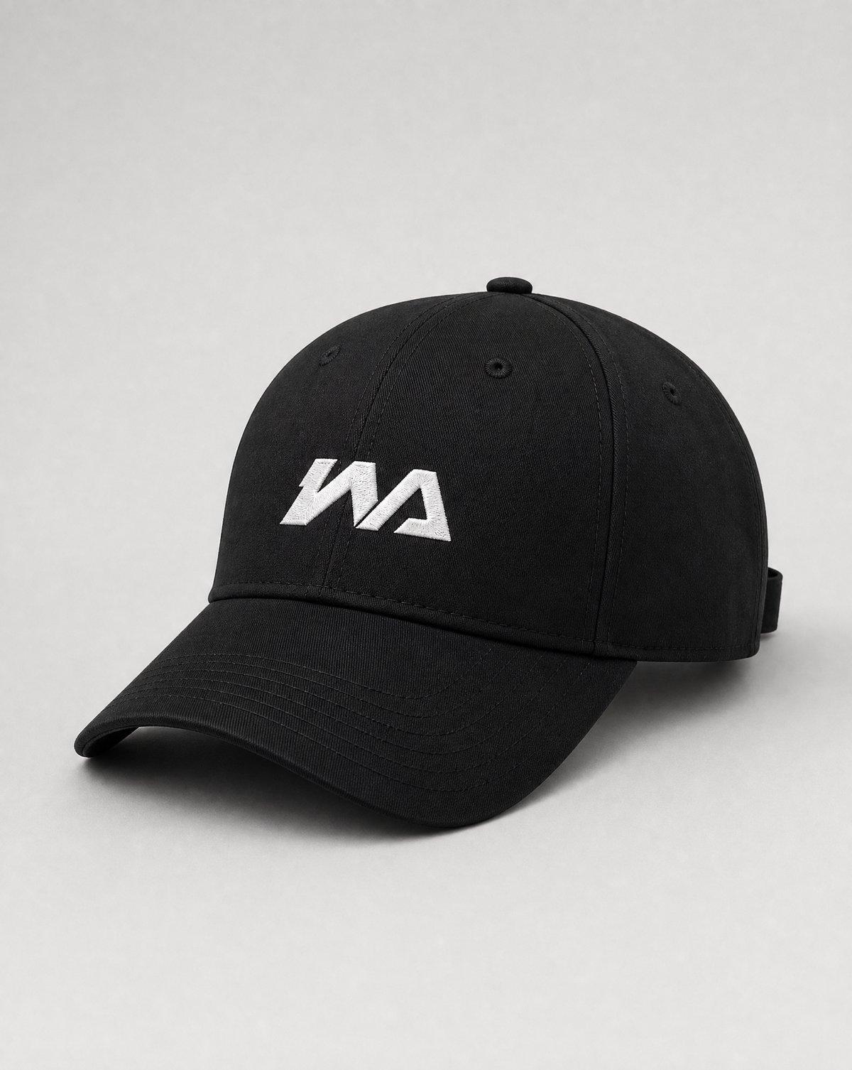 AI-generated product render: structured black six-panel cap shown at a three-quarter angle, with the WA logo embroidered in white on the front panel.