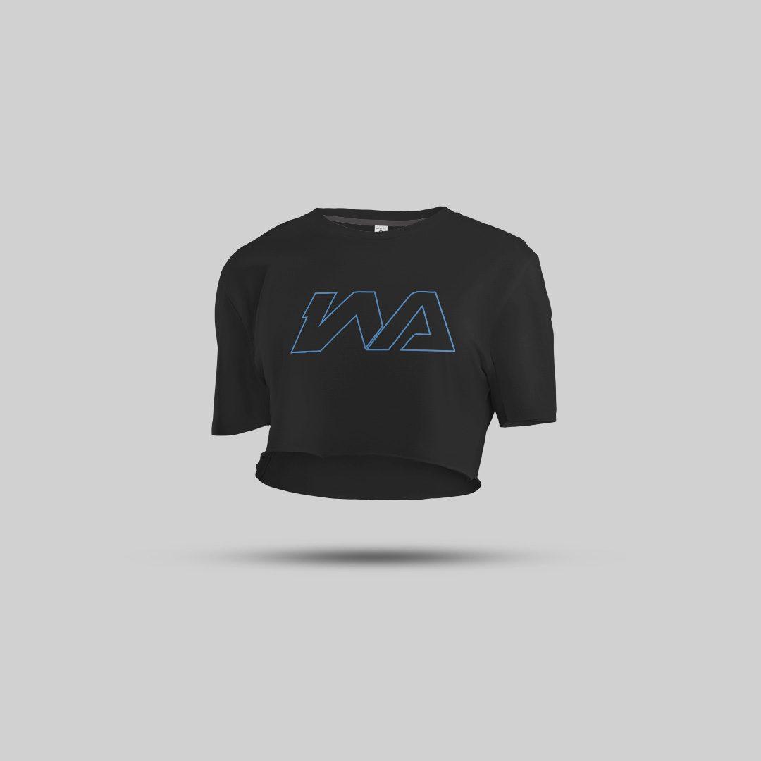 Black cropped T-shirt, front view, with the WA logo printed in sky blue outline across the chest.