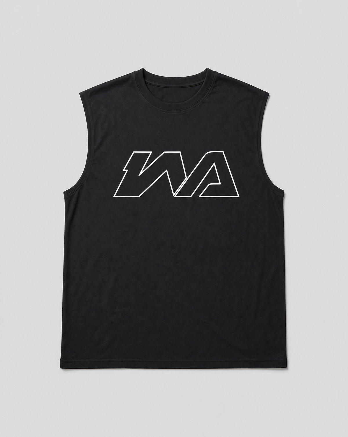 AI-generated product render: black sleeveless crew-neck T-shirt laid flat, with the WA logo printed in white outline across the chest.